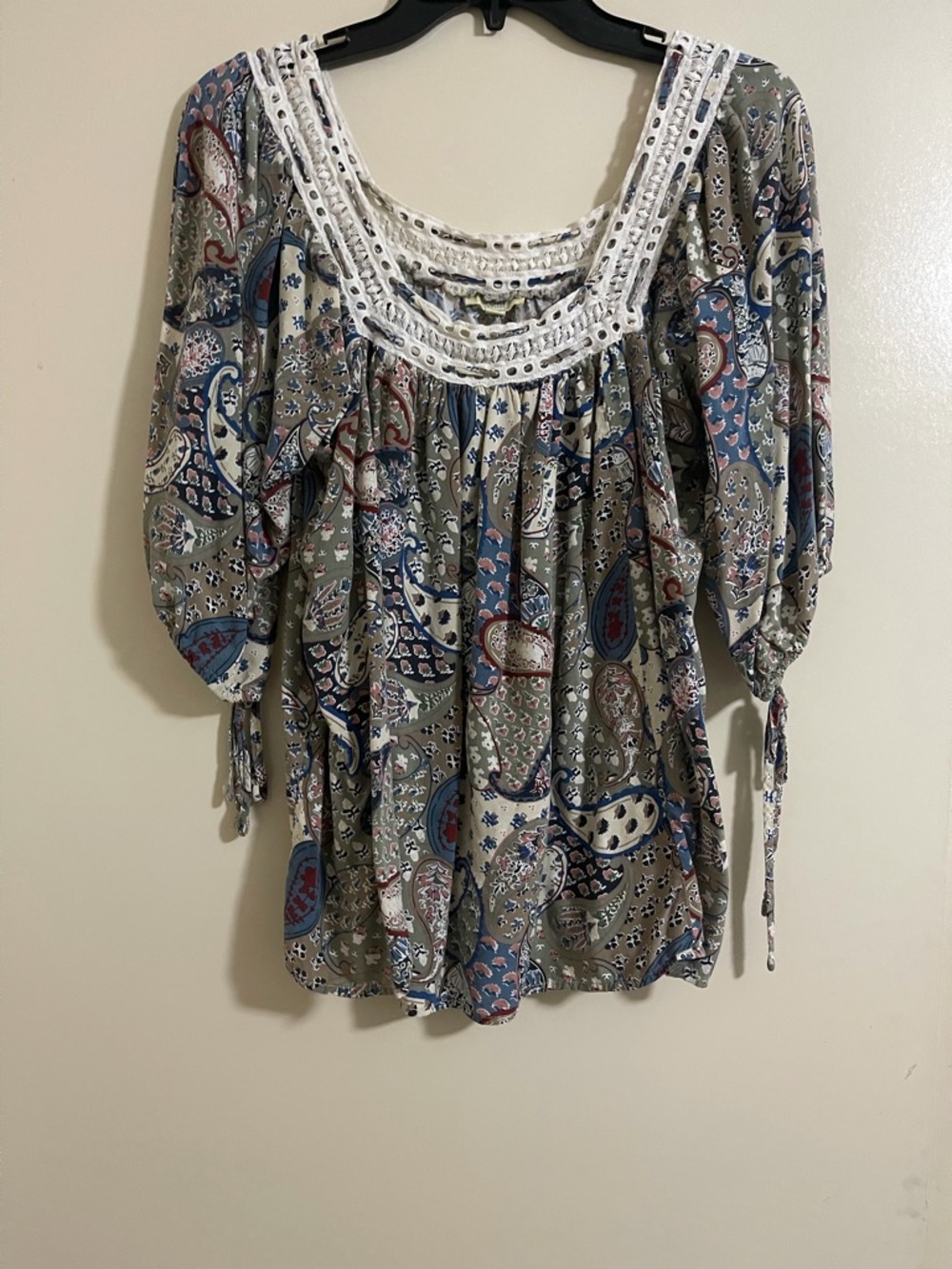 Kori America Floral Paisley Peasant Top Crochet Trim Puff Sleeve Blouse Top Sz M